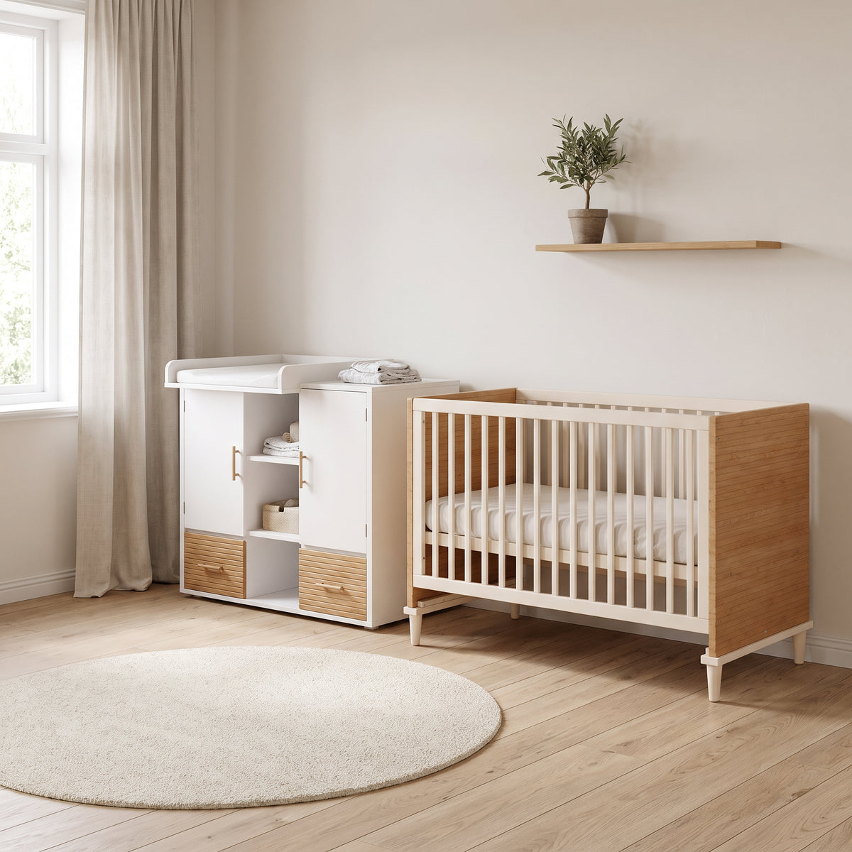 Lit bébé et table à langer dans une chambre scandinave