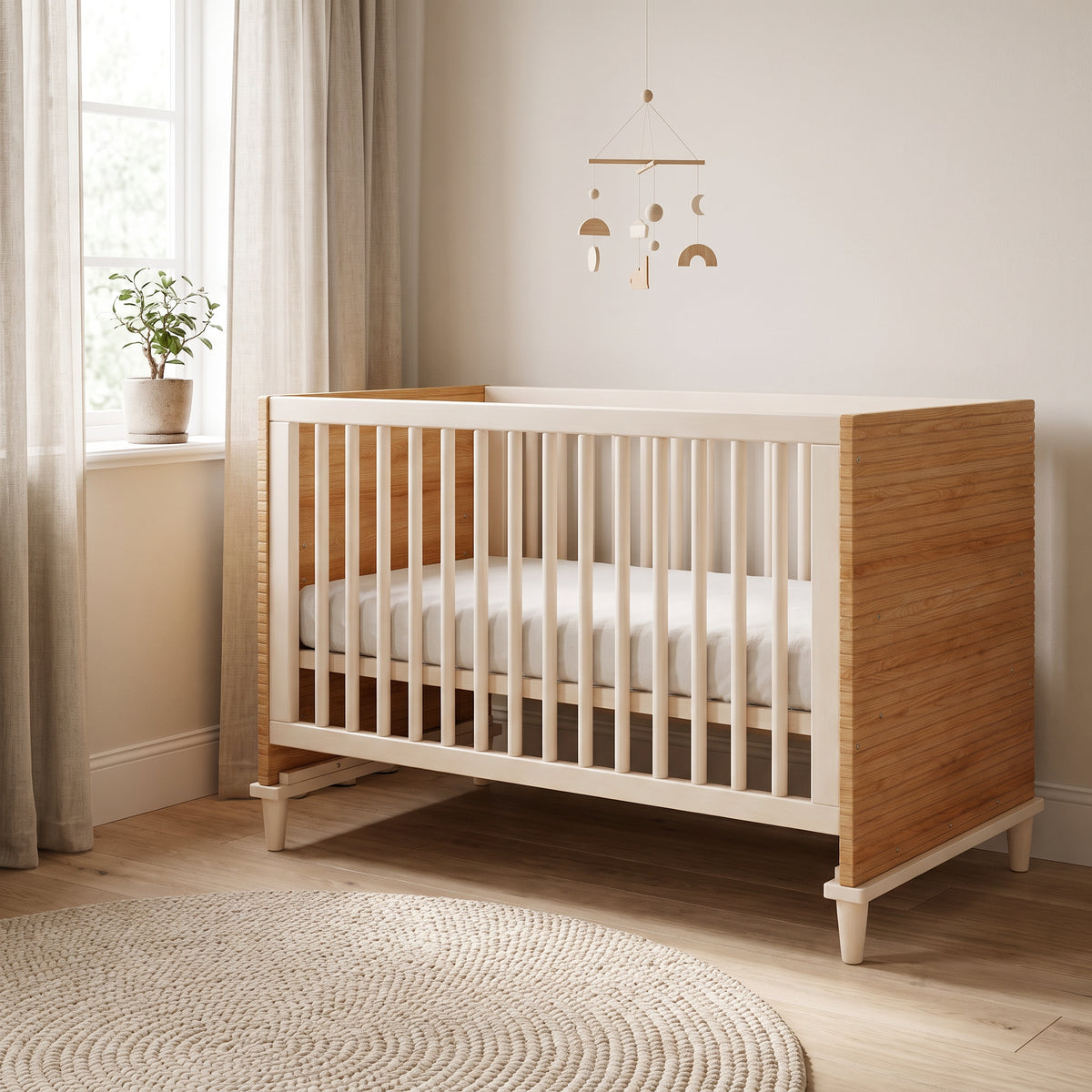 Lit bébé en bois dans une chambre scandinave
