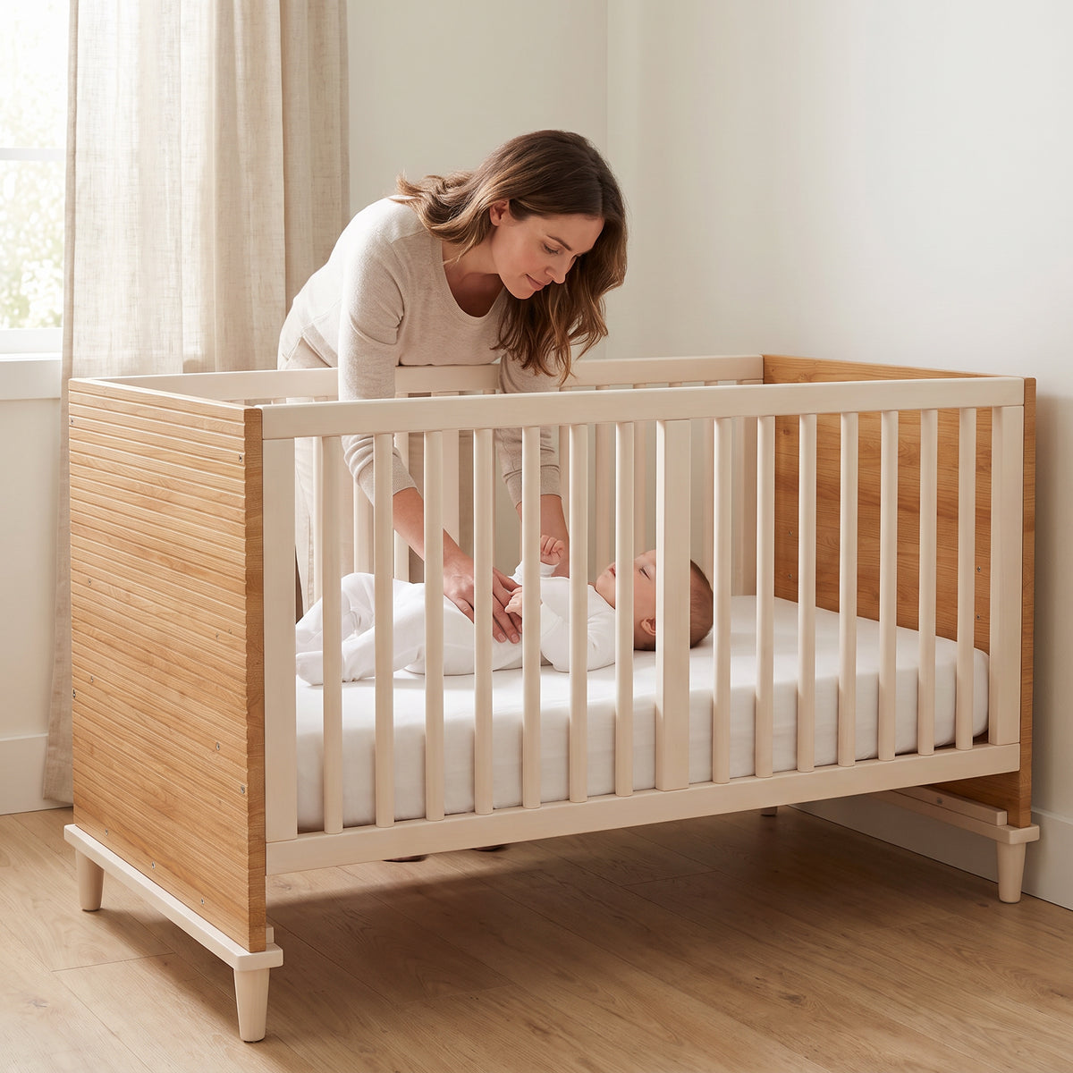 Maman couchant son bébé dans le lit en bois