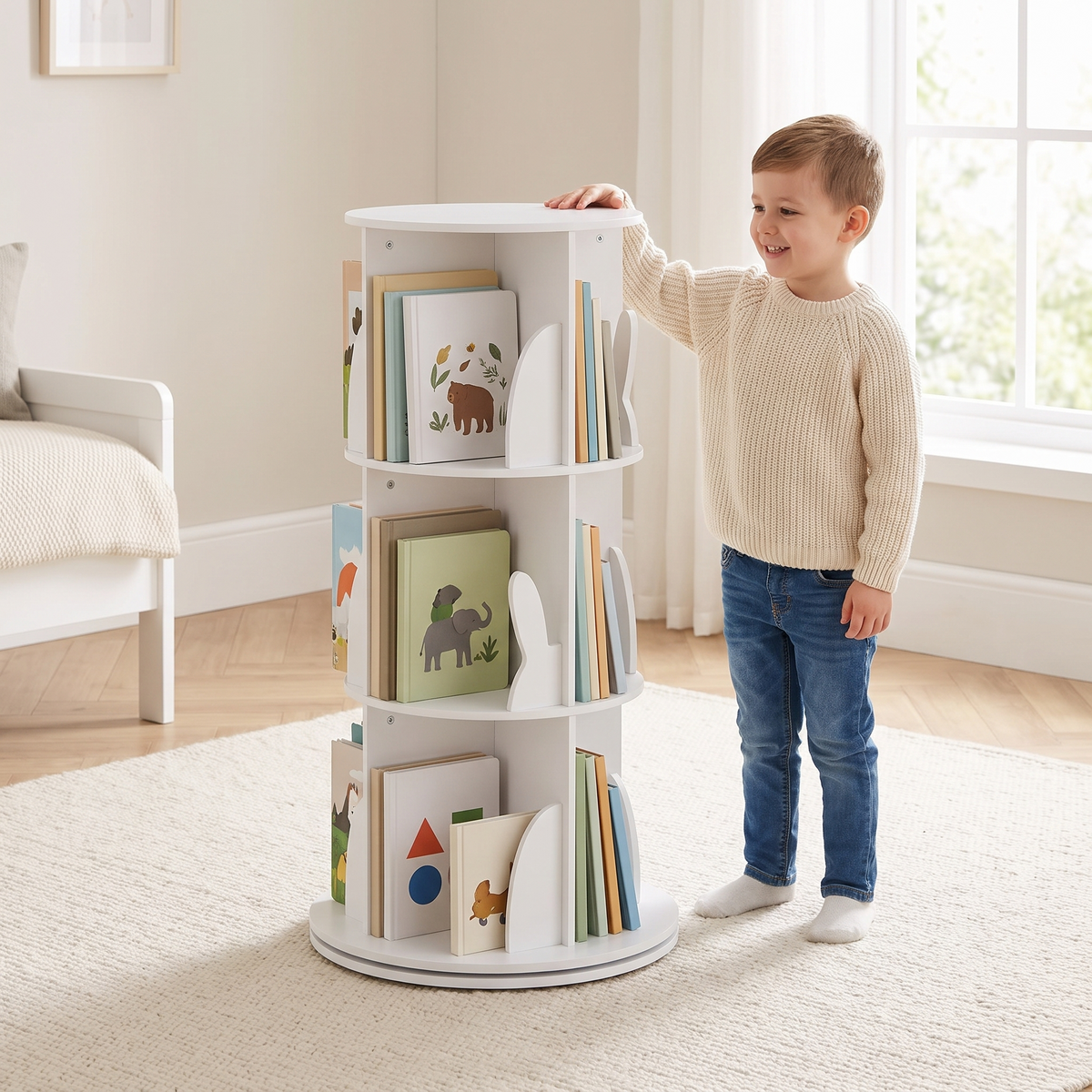 Enfant tournant la bibliothèque pivotante motif lapin blanche 3 niveaux
