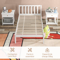 Cadre de lit en bois massif 90x190 cm lit simple avec tête de lit et sommier à lattes solide pour enfants adultes