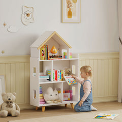 Étagère de rangement pour jouet enfant et livres forme de maison 3 niveaux  65 x 25 x 108,5 cm blanc et naturel