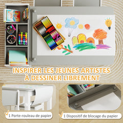 Ensemble table et 2 chaises enfant en bois avec rouleau de papier, étagères et tiroirs, pour fille garçon 3-8 ans, gris