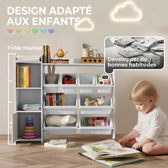 Meuble rangement enfant 3 à 8 ans, rangement jouets enfant avec 8 bacs amovibles, étagères de rangement, placard, blanc