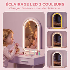 Coiffeuse Enfant en Bois avec Miroir LED 3 Couleurs, Tabouret, Tiroir et Plateau Spacieux, 60x36x100cm, 3 à 8 Ans, Rose
