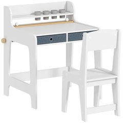 Bureau enfant avec chaise, table enfant et chaise avec 2 tiroirs en tissu et porte-gobelet, 62,8x55,6x73,8cm, blanc