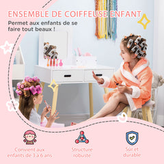 Coiffeuse enfant table de maquillage avec tabouret miroir et 2 tiroirs 3 à 6 ans 60 x 40 x 95 cm blanc et bois