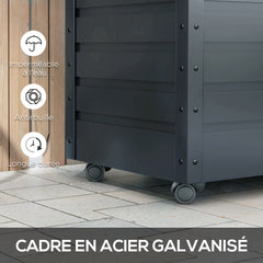 Coffre de rangement extérieur 295L, avec vérin à gaz, roulettes et poignée, en acier galvanisé, 100 x 62 x 65 cm, gris