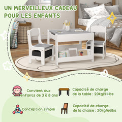 Ensemble 3 pièces table et 2 chaises pour enfant avec plateau réversible tableau noir, panier de rangement, étagères