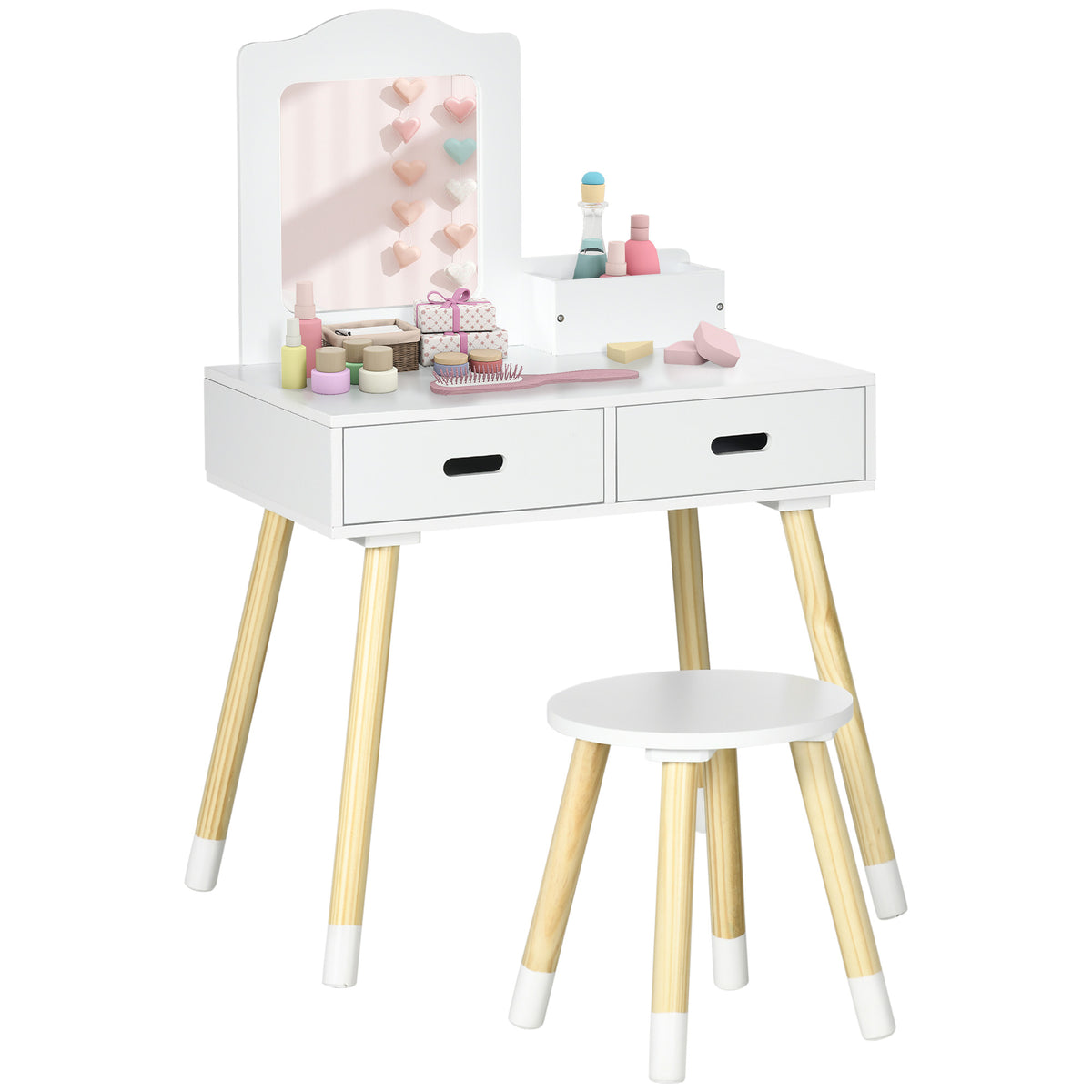 Coiffeuse enfant table de maquillage avec tabouret miroir et 2 tiroirs 3 à 6 ans 60 x 40 x 95 cm blanc et bois