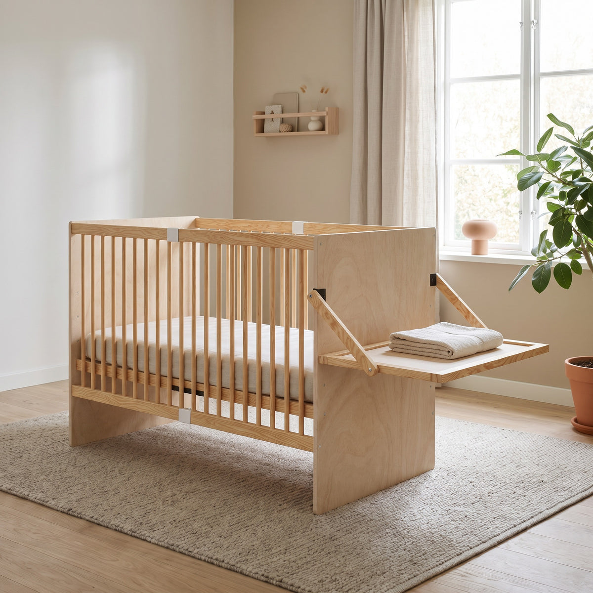 Lit bébé en bois dans une chambre scandinave lumineuse, plan à langer déplié