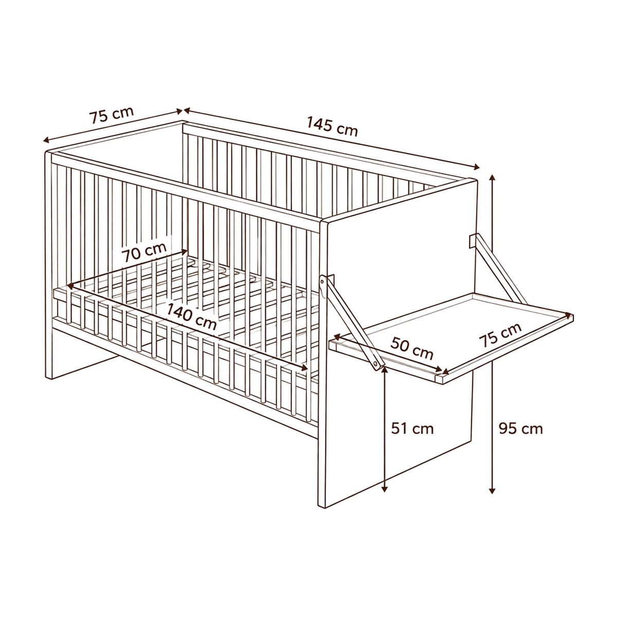 Dimensions du lit bébé : 145 x 75 x 95 cm, couchage 140 x 70 cm, plan à langer 75 x 50 cm à 51 cm du sol