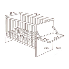 Dimensions du lit bébé : 145 x 75 x 95 cm, couchage 140 x 70 cm, plan à langer 75 x 50 cm à 51 cm du sol