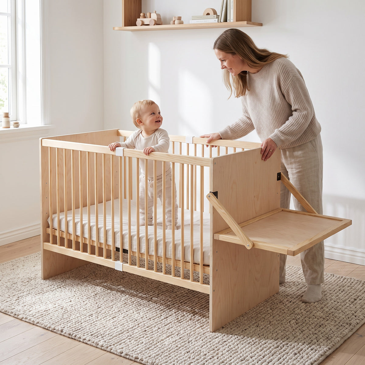 Tout-petit debout dans le lit bébé en bois, tenant la barrière, avec sa maman