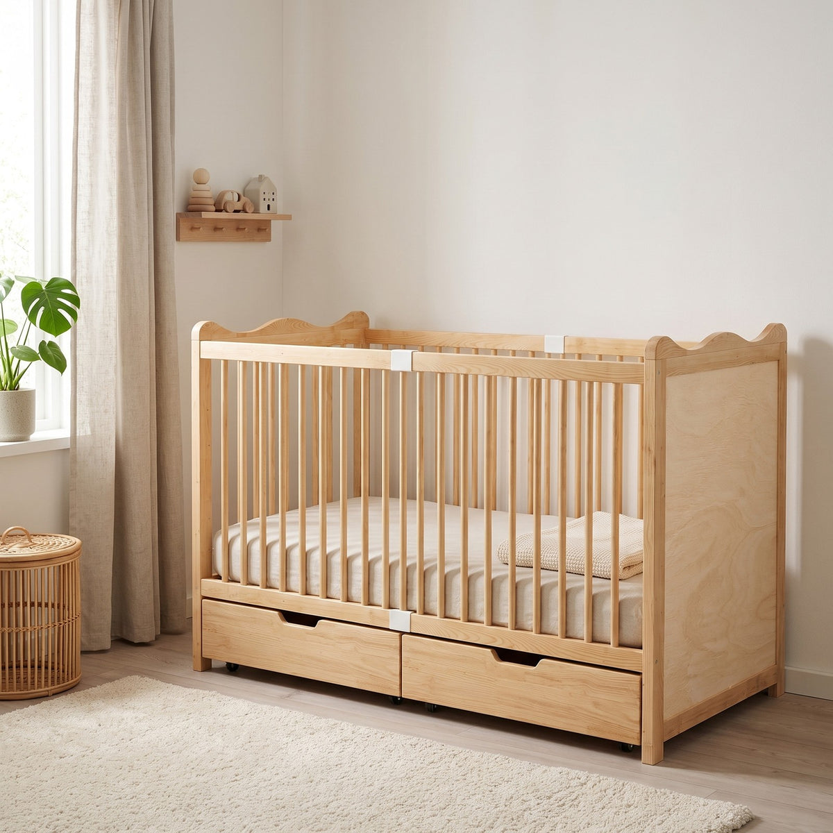 Lit bébé en bois aux bords ondulés dans une chambre scandinave