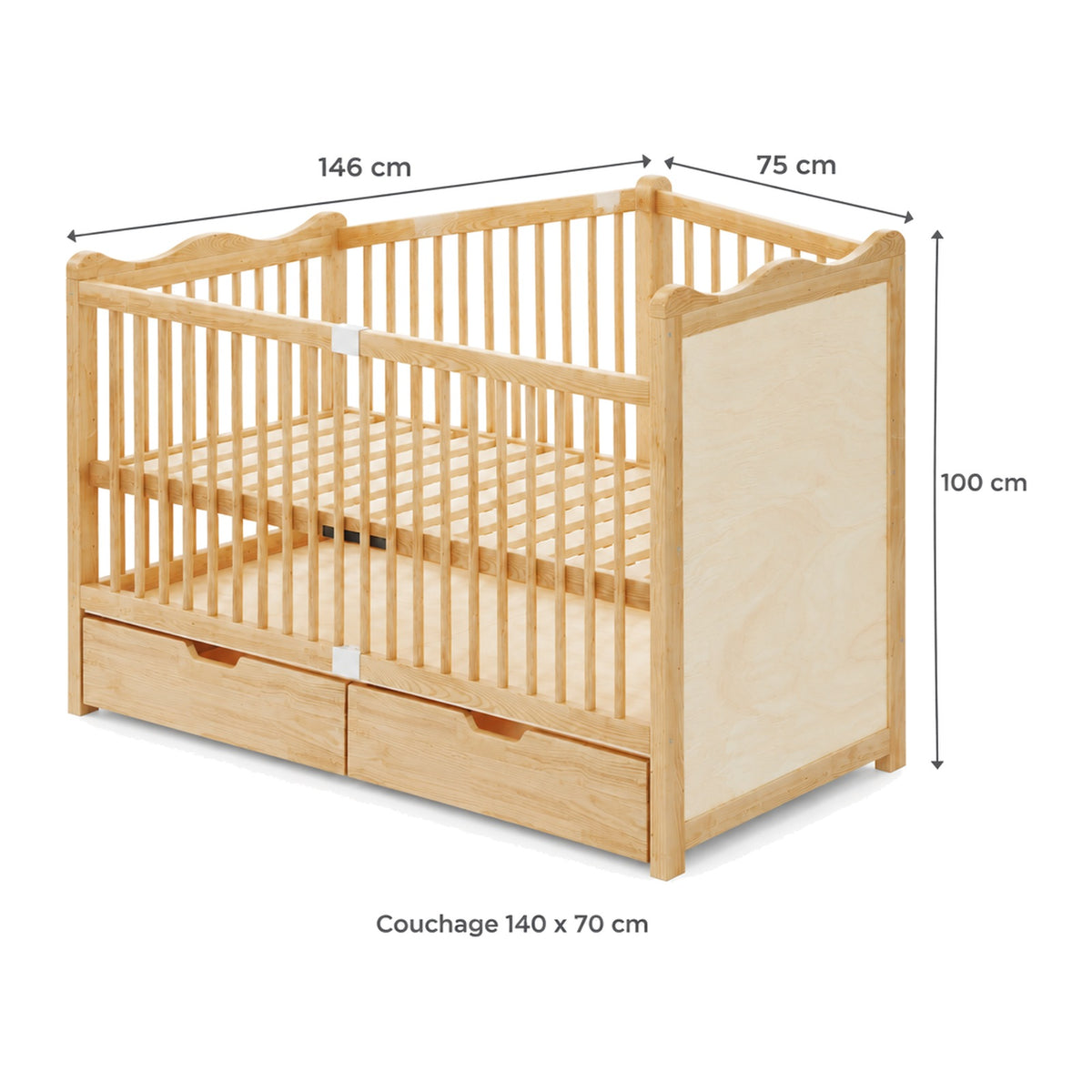 Dimensions du lit bébé : 146 x 75 x 100 cm, couchage 140 x 70 cm