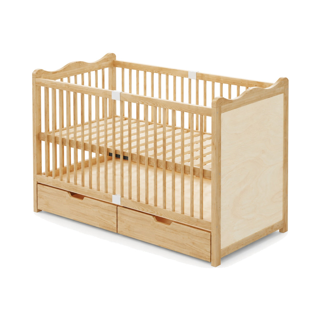 Lit bébé en bois – 2 tiroirs à roulettes et bords ondulés