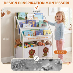 Bibliothèque pour Enfants à 4 Niveaux, Étagère à Livres pour Enfants avec Porte-Livres et Tiroir en Tissu, Blanc