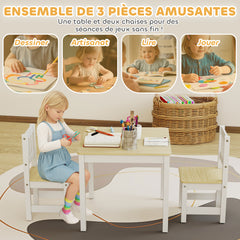 Table enfant avec chaise, lot table et 2 chaises enfant en bois pour dessiner, jouer, étudier, 56x52x48cm, bois naturel