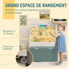 Bibliothèque pour enfants Multi-Rangement avec 3 niveaux d'étagères et un tiroir, 62,5L x 30l x 70H cm, gris et blanc