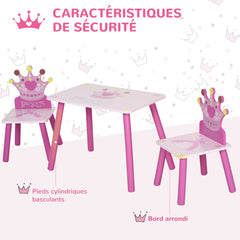 Ensemble table et 2 chaises enfant 3 pièces, pieds en bois massif, table avec chaise motif couronne, pour filles et garçons de 2 à 4 ans, rose