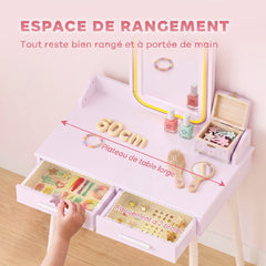 Coiffeuse Enfant en Bois avec Miroir LED 3 Couleurs, Tabouret, Tiroir et Plateau Spacieux, 60x36x100cm, 3 à 8 Ans, Rose