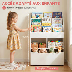 Bibliothèque étagère Multi-Rangement 3 étagères 2 niches Grand tiroir en bois Blanc
