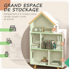 Étagère de rangement pour jouet enfant et livres forme de maison 3 niveaux  65 x 25 x 108,5 cm blanc et naturel