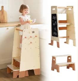 Tour d'apprentissage en bois avec tabouret - Crème