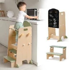 Tour d'apprentissage en bois avec tabouret - Vert