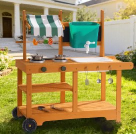 Cuisine d'extérieur en bois pour enfant avec auvent et roues