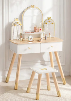 Coiffeuse en bois avec tabouret pour enfant - Blanc et doré