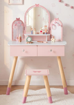Coiffeuse en bois avec tabouret pour enfant - Rose