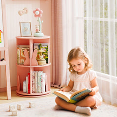 Costway Bibliothèque d'Angle Ronde et Rotative pour Enfants Etagère de Rangement Autoportante à 2 Niveaux Pivotante à 360° Salon Rose
