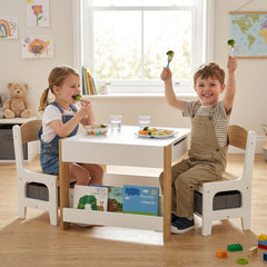 Ensemble 3 pièces table et 2 chaises pour enfant avec plateau réversible tableau noir, panier de rangement, étagères