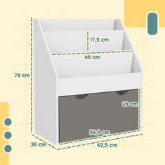 Bibliothèque pour enfants Multi-Rangement avec 3 niveaux d'étagères et un tiroir, 62,5L x 30l x 70H cm, gris et blanc