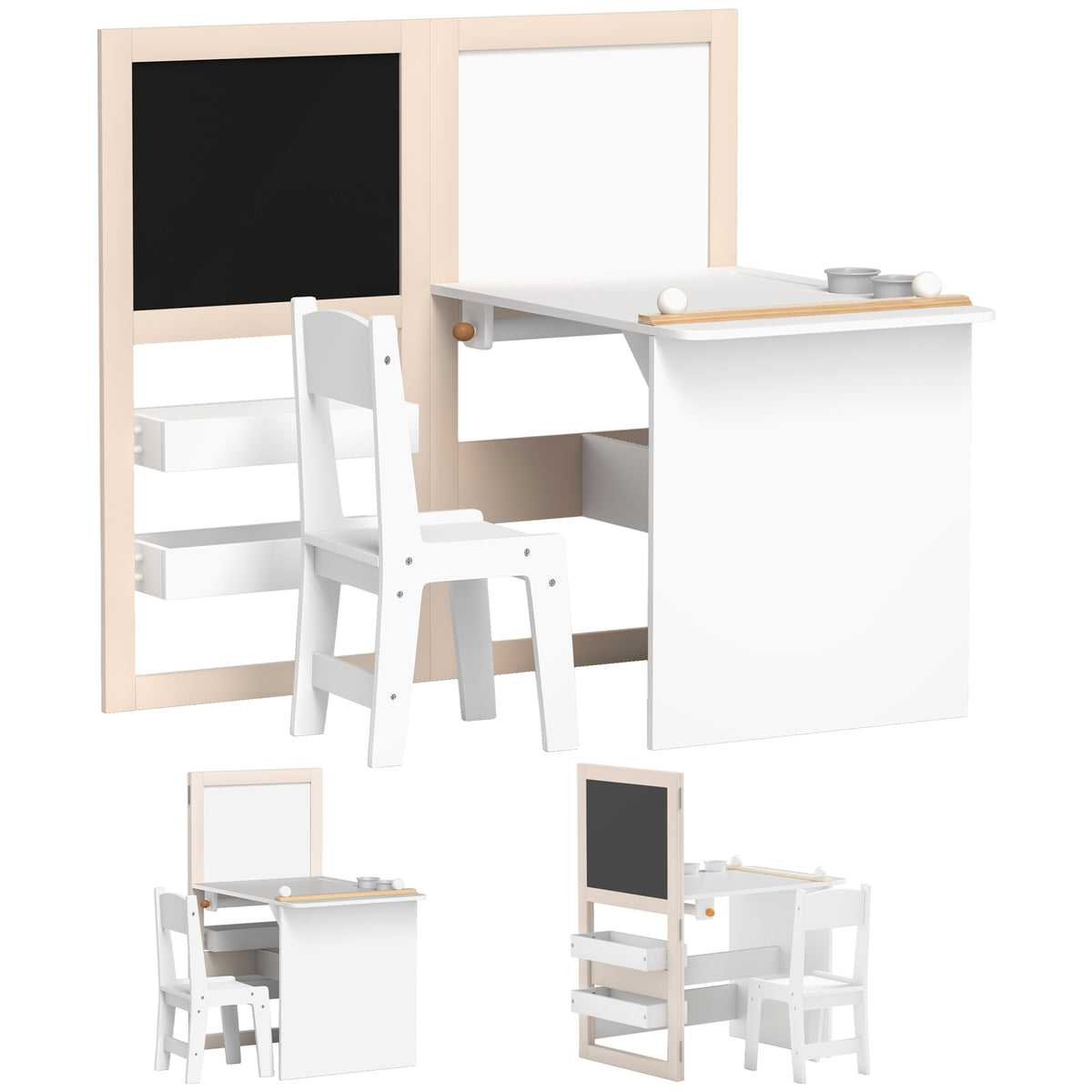 Table enfant avec chaise 3 en 1 avec chevalet pliable étagères de rangement, rouleau de papier - 3 à 8 ans, blanc