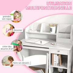 Bureau enfant avec chaise ergonomique avec clavier coulissant tiroir niches et étagères ouvertes 90 x 45 x 90 cm blanc