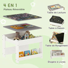 Ensemble 3 pièces table et 2 chaises pour enfant avec plateau réversible tableau noir, panier de rangement, étagères