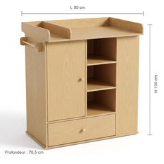 Table à langer bois naturel porte, étagères et tiroir – dimensions