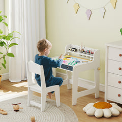 Bureau enfant avec chaise, table enfant et chaise avec 2 tiroirs en tissu et porte-gobelet, 62,8x55,6x73,8cm, blanc