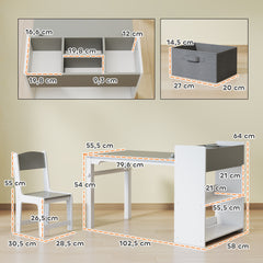 Ensemble table et 2 chaises enfant en bois avec rouleau de papier, étagères et tiroirs, pour fille garçon 3-8 ans, gris