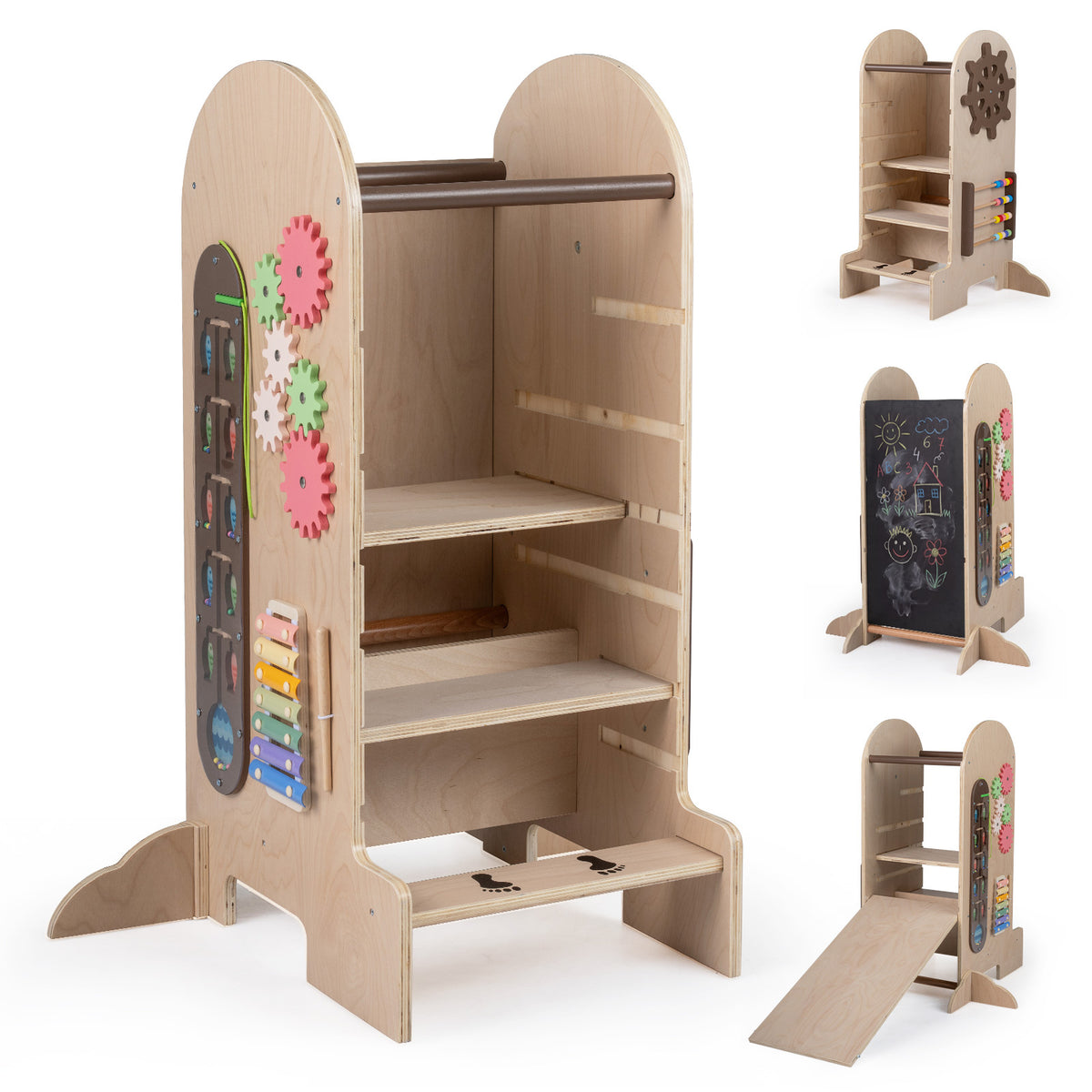 Costway Tour d'Apprentissage Montessori en Bois Tour d'Apprentissage 4 en 1 avec Tour d'Observation Tableau Noir Amovible Réglable en Hauteur