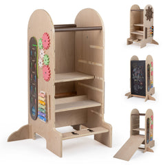 Costway Tour d'Apprentissage Montessori en Bois Tour d'Apprentissage 4 en 1 avec Tour d'Observation Tableau Noir Amovible Réglable en Hauteur