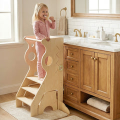 Costway Marchepied de Cuisine 2 en 1 Tour d'Apprentissage en Bois Polyvalent&Montessori avec Barres Amovibles et Tabouret à 2 Marches pour 3+ Ans