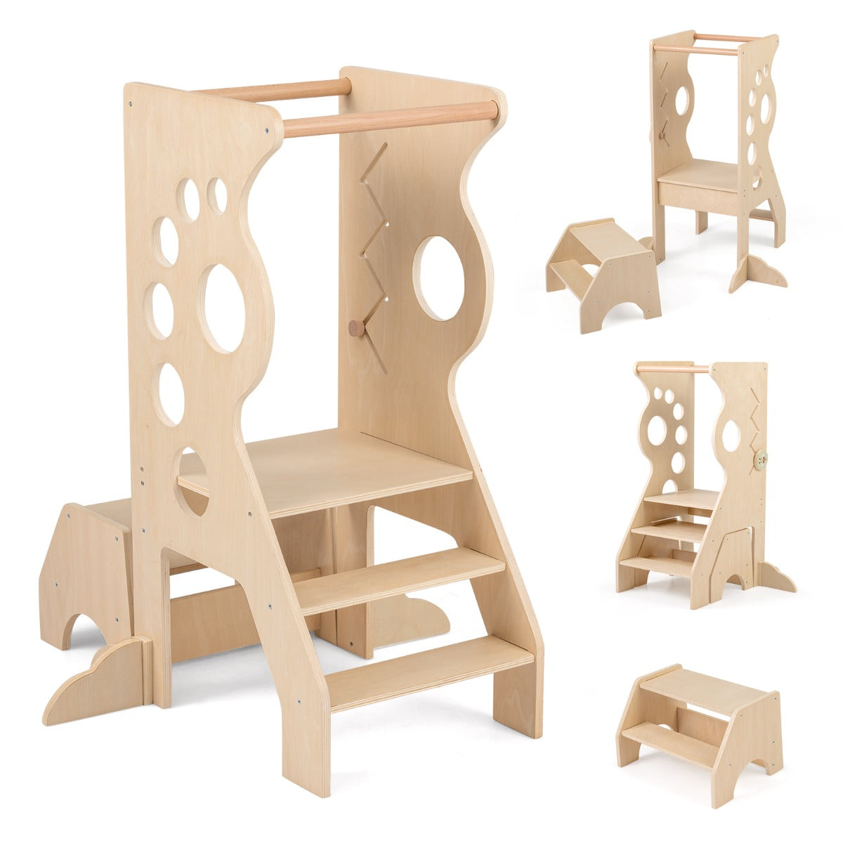 Costway Marchepied de Cuisine 2 en 1 Tour d'Apprentissage en Bois Polyvalent&Montessori avec Barres Amovibles et Tabouret à 2 Marches pour 3+ Ans