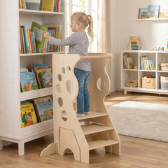 Costway Marchepied de Cuisine 2 en 1 Tour d'Apprentissage en Bois Polyvalent&Montessori avec Barres Amovibles et Tabouret à 2 Marches pour 3+ Ans