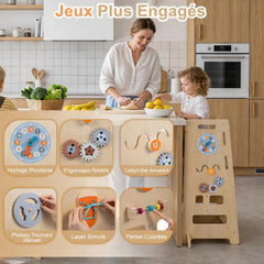 Costway Tour d'Apprentissage Enfant Montessori Tour d'Observation 4-en-1 en Bois avec Plateforme Réglable en Hauteurs pour 3 Ans+ Naturel