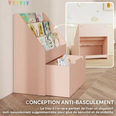 Bibliothèque pour enfants Multi-Rangement avec 3 niveaux d'étagères et un tiroir, 62,5L x 30l x 70H cm, rose