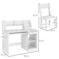 Bureau enfant avec chaise ergonomique avec clavier coulissant tiroir niches et étagères ouvertes 90 x 45 x 90 cm blanc